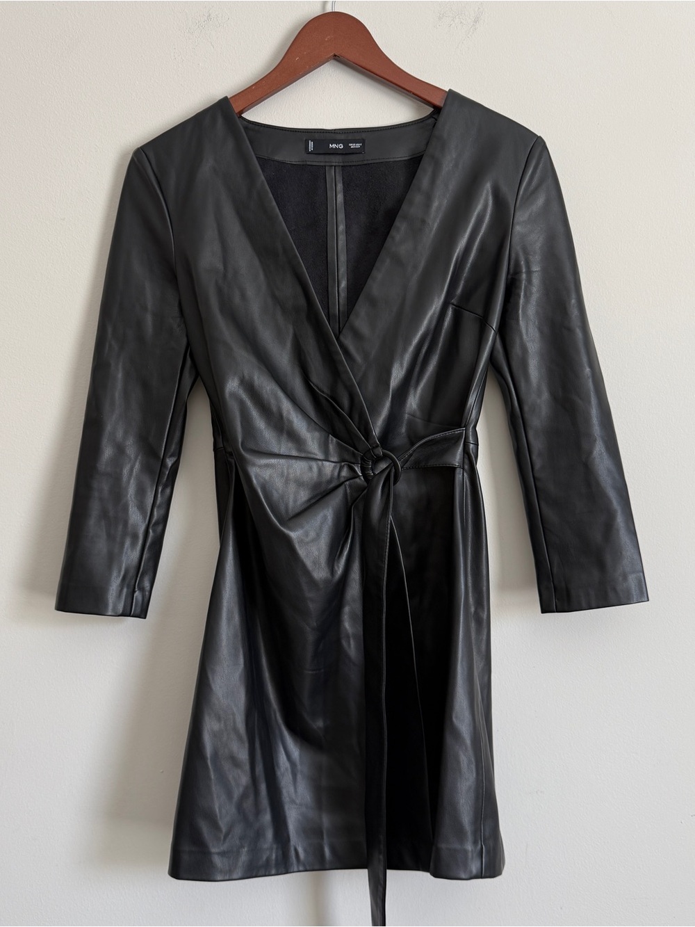 MANGO Black Faux Leather Wrap Dress XS 2  Mini Chic Minimalist Edgy Festival 90s